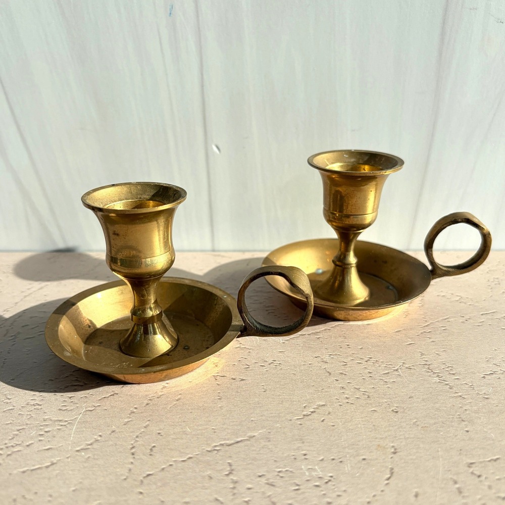 Vintage Solid Brass Chamberstick Candle Holder Pair Finger Loop Saucer Base